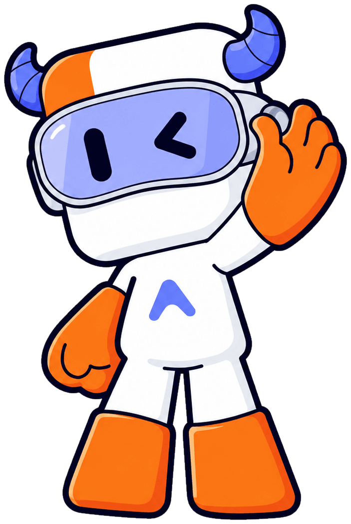 A-NIU mascot — white robot bull with a purple visor